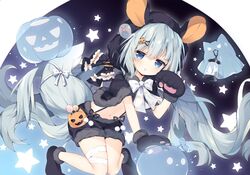  alternate_costume animal_ears animal_hands animal_hood azur_lane black_capelet black_footwear black_gloves black_shorts blue_eyes candy capelet fake_animal_ears female food ghost gloves grey_hair hair_ornament hairclip halloween highres hood jack-o&#039;-lantern kneeling knees_together_feet_apart lantern lollipop long_hair looking_at_viewer midriff mikazuki_(azur_lane) navel o_o open_mouth paw_gloves paw_pose paw_shoes ribbon short_shorts shorts squirrel_ears squirrel_girl squirrel_tail suspender_shorts suspenders tail tsukimi_(xiaohuasan) twintails very_long_hair 