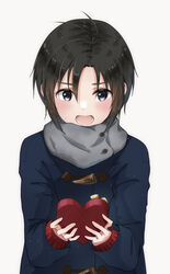  antenna_hair black_hair blush box coat commentary female gift grey_eyes hair_between_eyes heart heart-shaped_box highres holding holding_gift idolmaster idolmaster_(classic) incoming_gift kikuchi_makoto looking_at_viewer mogskg open_mouth scarf short_hair simple_background solo sweatdrop toggles upper_body valentine winter_clothes 