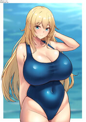  atago_(kancolle) belly blonde_hair blue_one-piece_swimsuit blush breasts cleavage covered_navel dated day female green_eyes highres huge_breasts impossible_clothes impossible_swimsuit kantai_collection long_hair looking_at_viewer ocean one-hour_drawing_challenge one-piece_swimsuit shiromaru_(maniado) smile solo swimsuit twitter_username water white_background 