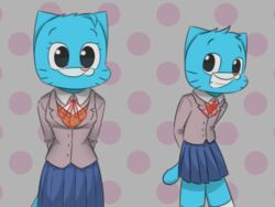  2022 4:3 anthro blue_body blue_fur bottomwear cartoon_network chopsticc clothed clothing crossdressing digital_media_(artwork) doki_doki_literature_club! domestic_cat duo felid feline felis female femboy fur furgonomics gumball_watterson hi_res male mammal mother_(lore) nicole_watterson parent_(lore) skirt son_(lore) standing tail tail_through_skirt team_salvato the_amazing_world_of_gumball 