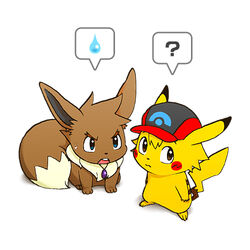  1:1 alternate_species ashchu blue_eyes bodily_fluids brown_body brown_eyes brown_fur clothing duo eevee facial_markings feral fur gary_oak generation_1_pokemon hat hat_only head_markings headgear headgear_only headwear headwear_only implied_transformation jewelry long_ears low_res male markings mostly_nude necklace necklace_only nintendo nude open_mouth paws pepaden pikachu pokemon pokemon_(species) question_mark red_cheeks satoshi_(pokemon) simple_background sweat sweatdrop white_background white_body white_fur yellow_body yellow_fur 