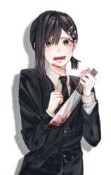  asymmetrical_hair black_hair blood blood_on_face blood_on_knife chainsaw_man female grey_eyes hair_ornament hairclip higashiyama_kobeni highres knife mole mole_on_cheek mole_under_eye mole_under_mouth mu_ooa multiple_moles short_ponytail solo tears upper_body white_background 