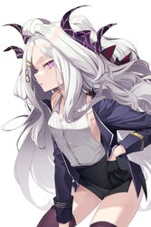  :o ahoge bad_id bad_twitter_id black_gloves black_skirt black_thighhighs blue_archive blue_jacket breasts female gloves hair_ornament highres hina_(blue_archive) horns jacket long_hair multiple_horns purple_eyes shirt simple_background skirt sleeveless sleeveless_shirt small_breasts solo soya_(torga) thighhighs very_long_hair white_background white_hair white_shirt 