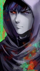  1boy absurdres amon_koutarou black_hair black_robe blue_eyes closed_mouth commentary_request green_background highres hood hood_up hooded_robe male_focus multicolored_background red_background red_eyes robe serious short_hair solo tokyo_ghoul tokyo_ghoul:re tomato_(akait0mat0) upper_body 