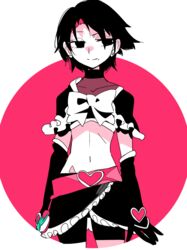  arms_at_sides belt black_eyes black_hair bow bowtie closed_mouth colored_skin cosplay cowboy_shot cropped_legs cure_black cure_black_(cosplay) earrings elbow_gloves female futari_wa_precure gloves headband heart heart_belt idkuroi jewelry kokubunji_suou midriff mole mole_under_mouth navel original pink_belt precure short_hair smile solo standing white_skin 