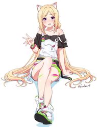  :d aki_rosenthal aki_rosenthal_(gaming_casual) animal_ear_fluff animal_ears bare_shoulders black_shirt blonde_hair blush cat_ears collarbone female full_body fuusuke_(fusuke208) highres hololive long_hair looking_at_viewer low_twintails off-shoulder_shirt off_shoulder official_alternate_costume official_alternate_hairstyle open_mouth overall_shorts overalls parted_bangs parted_hair purple_eyes shirt shoes short_sleeves sitting smile sneakers solo suspenders twintails twitter_username very_long_hair virtual_youtuber 