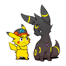  1:1 annoyed ashchu black_body black_fur blue_eyes brown_eyes clothing crossed_arms duo eeveelution facial_piercing feral fur gary_oak generation_1_pokemon generation_2_pokemon hat hat_only headgear headgear_only headwear headwear_only implied_transformation jewelry low_res male mostly_nude necklace necklace_only nintendo nude pepaden piercing pikachu pokemon pokemon_(species) red_cheeks satoshi_(pokemon) simple_background size_difference smug umbreon white_background yellow_body yellow_fur 