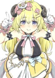  absurdres ahoge animal_ears arm_garter blonde_hair blue_eyes blush bow breasts closed_mouth commentary cowboy_shot english_commentary female fuusuke_(fusuke208) gloves hair_between_eyes hair_ornament hairclip highres hololive hololive_idol_uniform horns horns_pose idol idol_clothes long_hair looking_at_viewer medium_breasts official_alternate_costume pink_bow sheep_ears sheep_girl sheep_hair_ornament sheep_horns simple_background smile solo striped striped_bow traditional_media tsunomaki_watame twitter_username virtual_youtuber white_background white_bow white_gloves wrist_cuffs 