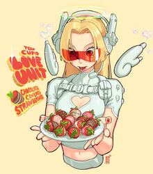  blonde_hair breasts candy edpan english_text female food food_in_mouth fruit halo headset highres lollipop long_hair midriff navel original red_eyes red_nails solo strawberry sunglasses wings 