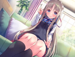  akihira_nako asa_no_ha_(awayuki) black_socks blue_bow blue_eyes blush bow bowtie brown_hair couch curtains dutch_angle female hair_ribbon indoors kneehighs long_sleeves mimikaki official_art original parted_bangs pillow plaid plaid_skirt ribbon sitting skirt smile socks solo striped striped_bow window 