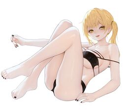  absurdres arm_support ass barefoot bikini black_bikini black_nails blonde_hair breasts commentary commission egk513 feet female full_body hair_tie highres knees_up koitsu_(alb) large_breasts legs long_hair looking_at_viewer lying nail_polish on_back open_mouth original simple_background solo swimsuit symbol-only_commentary toenail_polish toenails twintails white_background yellow_eyes 