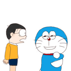  1:1 5_fingers anthro black_hair blue_body blue_fur bottomwear clothing crossed_arms digital_media_(artwork) domestic_cat doraemon doraemon_(character) duo eyewear felid feline felis fingers fur glasses hair human looking_back machine male mammal mt_tg narrowed_eyes nobita_nobi open_mouth red_nose robot shirt shocked shorts side_view smile squint topwear whiskers white_body white_fur 