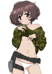  absurdres akiyama_yukari ass_visible_through_thighs belt belt_pouch biting_own_lip black_belt blush breasts brown_eyes brown_hair camouflage camouflage_shirt clothes_lift commentary_request contrapposto cowboy_shot embarrassed female girls_und_panzer green_shirt groin hands_on_own_chest head_tilt highres holster lifting_own_clothes long_sleeves looking_at_viewer loose_belt lowleg lowleg_panties messy_hair navel no_bra no_pants off_shoulder panties parted_lips pouch raised_eyebrows shiina_excel shirt shirt_lift short_hair simple_background skindentation small_breasts solo standing string_panties thigh_strap thighs underboob underwear utility_belt white_background 