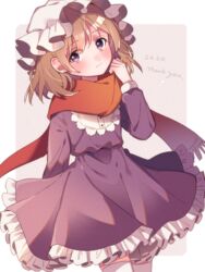  :| blonde_hair blush closed_mouth commentary dated female frills hat long_sleeves looking_at_viewer maribel_hearn medium_hair mob_cap petticoat purple_eyes red_scarf scarf solo thank_you thighhighs touhou touya_(konpekitou) white_hat white_thighhighs 