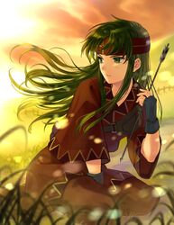  armor arrow_(projectile) boots feet_out_of_frame fingerless_gloves fire_emblem fire_emblem:_the_binding_blade gloves green_eyes green_hair headband holding holding_weapon kiyuu kneeling leather_armor outdoors solo sue_(fire_emblem) sunset weapon 