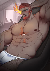  1boy abs armpits bara beard biceps blush boxers bulge cowboy_shot dark-skinned_male dark_skin eyebrow_cut facial_hair fishnet_legwear fishnets flaming_eye hephaestus_(housamo) highres kimakkun large_pectorals looking_at_viewer male_focus male_underwear mature_male muscular muscular_male navel nipples pectorals red_eyes scar scar_on_chest short_hair sitting solo stomach thick_eyebrows thick_thighs thighs tokyo_afterschool_summoners topless_male underwear underwear_only white_male_underwear 