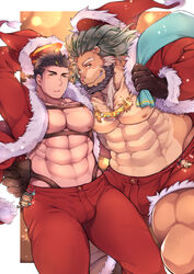  2boys abs animal_ears arsalan_(housamo) bara bare_pectorals beard black_hair blush bulge chest_hair chest_harness christmas couple facial_hair fur-trimmed_jacket fur_trim furry furry_male furry_with_non-furry gift_bag green_hair halo hand_on_another&#039;s_waist harness hat highres interspecies jacket jewelry large_pectorals lion_boy lion_ears male_focus mature_male medium_hair multicolored_hair multiple_boys muscular muscular_male necklace nipples open_clothes open_jacket pants pectorals red_pants red_shorts santa_costume santa_hat short_hair shorts smile sparkle stomach stubble thick_thighs thighs tokyo_afterschool_summoners two-tone_hair wafu_(youzora_samo18) yaoi yellow_eyes zabaniyya_(housamo) 