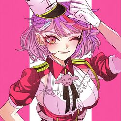  anno88888 arm_up armpit_cutout bad_id bad_twitter_id black_ribbon breasts clothing_cutout commentary ear_piercing female giuseppe_garibaldi_(kancolle) gloves hat highres kantai_collection lips medium_breasts mini_hat multicolored_hair neck_ribbon one_eye_closed piercing pink_eyes pink_hair red_hair ribbon short_sleeves simple_background smile streaked_hair symbol-only_commentary tilted_headwear two-tone_background upper_body white_gloves white_hair white_headwear 