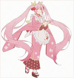  alternate_costume apron black_footwear cherry_blossom_print cherry_blossoms cherry_hair_ornament cherry_print closed_mouth commentary dot_nose female fingernails flat_chest floral_print flower food-themed_hair_ornament food_print frilled_apron frills full_body glowing hair_ornament hakusai_(tiahszld) hands_up happy hatsune_miku holding holding_tray japanese_clothes kimono layered_clothes layered_kimono light_smile long_hair looking_at_viewer md5_mismatch okobo pink_eyes pink_flower pink_hair pink_kimono pink_theme polka_dot polka_dot_kimono red_nails resolution_mismatch sakura_miku sandals simple_background socks solo standing standing_on_one_leg striped_clothes striped_kimono symbol-only_commentary tabi tray twintails very_long_hair vocaloid white_apron white_background white_socks 