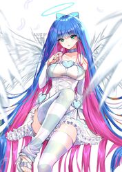  :o angel angel_wings artist_name bare_shoulders blue_hair bow breasts bridal_gauntlets candy choker collarbone colored_inner_hair corset dress feathered_wings feathers female food frills green_eyes hairbow halo heart high_heels ku-ini large_breasts lolita_fashion lollipop long_hair multicolored_hair nail_polish open_mouth panty_&amp;_stocking_with_garterbelt pink_hair sandals sitting solo stocking_(psg) striped_clothes striped_thighhighs thighhighs toes two-tone_hair very_long_hair white_footwear wings zettai_ryouiki 