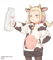  2021 :&lt; animal_print blonde_hair blue_eyes blush bottle chinese_zodiac commentary cow_print female hand_on_own_hip happy_new_year holding holding_bottle hood hood_down hoodie kozato_(yu_kozato) little_blonde_girl_(kozato) lolicon long_hair milk_mustache nengajou new_year original pantyhose print_hoodie simple_background solo udder white_background year_of_the_ox 