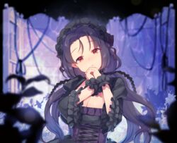  alternate_costume bell_sleeves black_hair blurry blurry_foreground breasts cleavage cleavage_cutout clothing_cutout corset female frilled_cuffs frilled_hairband frills gothic_lolita hair_intakes hair_ribbon hairband indoors juliet_sleeves lolita_fashion long_hair long_sleeves looking_at_viewer low_twintails nikkou_sukezane okanoyuno own_hands_clasped own_hands_together parted_lips puffy_sleeves red_eyes ribbon single_sidelock solo tenka_hyakken twintails 