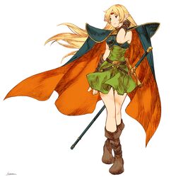  armor belt blonde_hair blue_cape breastplate brown_footwear cape circlet closed_mouth deedlit dot_nose dress elf female full_body green_dress green_eyes hand_up highres kotatsu_(g-rough) long_hair orange_cape parody parted_bangs pointy_ears record_of_lodoss_war shoes short_dress signature simple_background smile solo standing style_parody two-sided_cape two-sided_fabric very_long_hair white_background yoshida_akihiko_(style) 