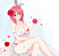  azur_lane bikini black_prince_(azur_lane) blush breasts commentary_request female flower frilled_bikini frills hair_flower hair_ornament hair_ribbon petals polka_dot polka_dot_ribbon red_eyes red_flower red_hair red_rose ribbon rose sa_(nax49) sitting smile solo swimsuit white_bikini 