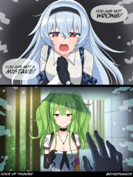  2girls blue_hair breasts camouflage cleavage crying crying_with_eyes_open djmax djmax_respect english_text girls&#039;_frontline gloves green_hair hairband highres jewelry looking_at_viewer m950a_(girls&#039;_frontline) multiple_girls necklace reaching reaching_towards_viewer rynzfrancis sad_smile speech_bubble tears thunder_(girls&#039;_frontline) 