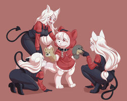  2021 alternative_fashion animal_humanoid anthro barefoot boop canid canid_humanoid canine canine_humanoid cerberus_(helltaker) cerberus_(modern_mogal) chains clenched_teeth clothed clothing collar cosplay cosplay_lolita cute_fangs digitigrade dress dstears european_mythology eye_through_hair eyebrow_through_hair eyebrows feet female footwear fully_clothed greek_mythology group hair hand_puppet helltaker hi_res hood humanoid j-fashion lolita_(fashion) mammal mammal_humanoid modern_mogal mythology nose_boop open_mouth open_smile ouji_(fashion) puppet red_eyes shepherd0821 shoes simple_background smile snarling spade_tail tail teeth translucent translucent_hair white_hair 