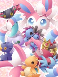  blue_eyes character_doll commentary_request doll dragapult dragonite dreepy garchomp goodra highres holding holding_doll hydreigon kommo-o mouth_hold no_humans pokemon pokemon_(creature) prehensile_ribbon salamence sasabunecafe solo sylveon toes 