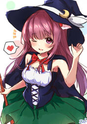  artist_name black_cape black_hat blush brown_hair cape crescent crescent_hat_ornament female green_skirt halloween halloween_costume hat hat_ornament heart kantai_collection kisaragi_(kancolle) long_hair one_eye_closed open_mouth purple_eyes signature skirt smile solo sou_(soutennkouchi) spoken_heart white_background witch_hat 