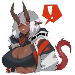  ! bad_id bad_twitter_id breasts cleavage crop_top dark-skinned_female dark_skin earrings female highres horns jewelry large_breasts looking_at_viewer navel original pointy_ears red_eyes saru_(monkey_magic3) sharp_teeth short_hair solo speech_bubble spoken_exclamation_mark tail teeth upper_body very_dark_skin white_hair 