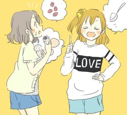  2girls baozi blue_skirt blush bow closed_eyes cocoa_bean commentary_request eating food green_shorts grey_hair grey_shirt in-franchise_crossover index_finger_raised jacket kase_(ks_lys) kosaka_honoka lecturing love_live! love_live!_school_idol_project love_live!_sunshine!! multiple_girls red_hair shirt shorts skirt speech_bubble sweater watanabe_you white_sweater yellow_background yellow_bow yellow_jacket 