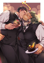  2boys animal_ears arsalan_(housamo) bara beard black_hair black_pants blush bulge cake chest_hair chocolate_cake collared_shirt couple facial_hair feet_out_of_frame food formal furry furry_male furry_with_non-furry green_hair halo hand_on_another&#039;s_shoulder heart-shaped_cake highres holding holding_plate huge_pectorals husband_and_husband interspecies kissing large_pectorals lion_boy lion_ears male_focus mature_male multicolored_hair multiple_boys muscular muscular_male outside_border pants pectorals plate shirt short_hair sitting sitting_on_lap sitting_on_person stubble thick_thighs thighs tokyo_afterschool_summoners two-tone_hair valentine wafu_(youzora_samo18) white_shirt yaoi yellow_eyes zabaniyya_(housamo) 