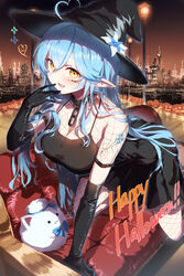  :d absurdres ahoge all_fours alternate_costume black_gloves black_hat blue_hair blush breasts chains cityscape cleavage collar colored_tips commentary couch creature elbow_gloves elf eshineko facial_mark female fishnet_legwear fishnets gloves gradient_sky hand_up happy_halloween hat heart heart_ahoge highres hololive lamppost large_breasts long_hair looking_at_viewer multicolored_hair oerba_yun_fang on_couch orange_sky pointy_ears pumpkin short_sleeves sky smile solo streaked_hair very_long_hair virtual_youtuber witch_hat yellow_eyes yukihana_lamy 