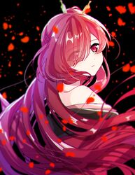  alternate_hairstyle bare_shoulders black_background closed_mouth eyes_visible_through_hair falling_petals female floating_hair from_behind hair_ornament hair_stick long_hair looking_at_viewer looking_back off_shoulder okanoyuno petals red_eyes red_hair senningiri sidelocks solo tenka_hyakken 