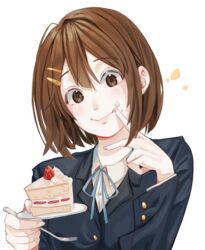  brown_eyes brown_hair cake female food food_on_face fork hair_ornament hairclip highres hirasawa_yui k-on! mu_ooa plate sakuragaoka_high_school_uniform school_uniform short_hair smile solo upper_body white_background winter_uniform 