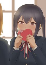  2girls black_hair blush box brown_eyes brown_hair buttoned_cuffs buttons commentary fukushima_uichi heart-shaped_box highres hirasawa_yui holding holding_box k-on! long_hair long_sleeves looking_at_another multiple_girls nakano_azusa sakuragaoka_high_school_uniform school_uniform solo_focus twintails valentine window winter_uniform yuri 