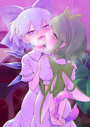  2girls blue_bow blue_eyes blue_hair blush bow cirno commentary_request daiyousei dress fairy_wings french_kiss green_eyes green_hair hair_ribbon hairbow half-closed_eyes highres holding ice ice_wings kissing looking_at_viewer looking_back multiple_girls one_side_up open_mouth profile puffy_sleeves ribbon shirt short_hair short_sleeves smile touhou uvula wings yassy yuri 