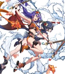  2girls ahoge armpits ass bare_shoulders belt blue_hair braid breasts clenched_teeth collarbone dual_wielding fingerless_gloves fire_emblem fire_emblem:_radiant_dawn fire_emblem_awakening fire_emblem_heroes flower full_body gloves green_eyes hairband hibiscus highres holding holster long_hair looking_away lucina_(fire_emblem) lucina_(summer)_(fire_emblem) marth_(fire_emblem_awakening) mask medium_breasts mia_(fire_emblem) mia_(summer)_(fire_emblem) multiple_girls navel non-web_source official_art parted_lips sandals see-through short_hair stomach swimsuit teeth thigh_holster thighs tied_hair transparent_background water yoneyama_mai 