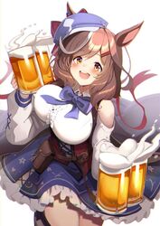  :d absurdres alcohol animal_ears bad_id bad_twitter_id bare_shoulders beer beer_mug blush bow bowtie breasts brown_hair cabbie_hat cup dirndl dress drink duplicate ear_piercing female german_clothes hair_ornament hairclip happy hat highres holding holding_drink horse_ears horse_girl horse_tail large_breasts looking_at_viewer matikane_tannhauser_(umamusume) medium_hair mug multicolored_hair open_mouth piercing simple_background smile solo streaked_hair tail tsujiya_okuyasu umamusume white_background yellow_eyes 