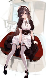  absurdres alternate_costume apron between_legs black_dress black_footwear black_hairband black_ribbon bra_visible_through_clothes breasts brown_hair chair closed_mouth collared_shirt commentary_request dress enmaided female frilled_hairband frills full_body garter_straps girls_und_panzer hair_between_eyes hairband hand_between_legs head_tilt highres isuzu_hana long_hair looking_at_viewer lumo_1121 maid maid_headdress medium_breasts neck_ribbon puffy_short_sleeves puffy_sleeves purple_eyes ribbon shirt shoes short_sleeves sitting sketch_background smile solo thighhighs underbust unfinished very_long_hair waist_apron white_apron white_shirt white_thighhighs wrist_cuffs 