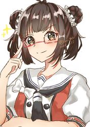  +_+ absurdres antenna_hair bespectacled black_neckerchief brown_eyes brown_hair buttons commentary_request double-breasted double_bun female glasses hair_bun highres kantai_collection looking_at_viewer naka_(kancolle) naka_kai_ni_(kancolle) namakarashi neckerchief one-hour_drawing_challenge red-framed_eyewear sailor_collar school_uniform semi-rimless_eyewear serafuku solo under-rim_eyewear upper_body white_sailor_collar 