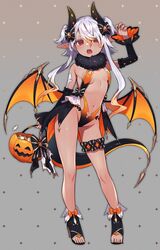  bare_shoulders bow commentary detached_sleeves fangs female full_body fur groin hair_between_eyes hairbow hand_up highres holding horns long_hair looking_at_viewer midriff navel open_mouth original pointy_ears pumpkin revealing_clothes shibainu sidelocks solo standing symbol-only_commentary tail thigh_strap thighs two_side_up wings 