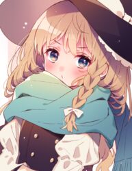  black_vest blonde_hair blue_eyes blush bow braid commentary enpera female frills green_scarf hairbow hat hat_bow kirisame_marisa long_hair looking_at_viewer puffy_sleeves scarf shirt solo touhou touya_(konpekitou) upper_body v-shaped_eyebrows vest white_bow white_shirt witch_hat 