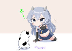  black_gloves blue_skirt bodysuit chibi crop_top dated diving_suit elbow_gloves fake_horns feline female fingerless_gloves gloves gradient_neckerchief grey_eyes grey_hair horned_headwear horns i-203_(kancolle) kantai_collection long_hair looking_at_viewer masara_(chuujou) midriff navel neckerchief pencil_skirt reaching reaching_towards_viewer sailor_collar shirt sidelocks skirt sleeveless sleeveless_shirt twitter_username wetsuit white_neckerchief white_sailor_collar 