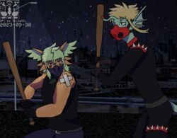  2023 4_eyes action_pose action_scene amphibian anglerfish anthro arecibo_message artist_logo artist_name asphalt axolotl bandage baseball_bat bat_(object) belt belt_buckle blonde_hair blue_eyes bodysuit bottomwear buckle choker clothed clothed_anthro clothed_female clothed_male clothing dated digital_media_(artwork) duo ear_fins factory felid feline female fin fish fully_clothed fully_clothed_anthro fully_clothed_female fully_clothed_male gas_mask gloves green_eyes green_hair guardrail hair handwear hi_res holding_bat holding_object holding_weapon hybrid ibiss ibisskb industrial inner_ear_fluff jewelry legband logo long_hair lure_(anatomy) male male/female mammal marine mask messy_hair mole_salamander multi_eye necklace night orange_body orange_eyes orange_skin pants pose prick_ears reptile salamander scales scalie shirt short_hair skinsuit sky spiked_legband spiked_pauldron spikes spiky_hair star starry_sky street_lamp tail tank_top teal_body teal_scales tight_clothing topwear tsi&#039;yu tuft unknown_species weapon wearing_mask 