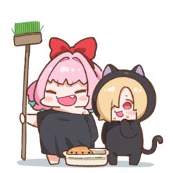  2girls animal_costume animal_ears blonde_hair blue_hair blush_stickers bow breasts cat_costume cat_ears cat_tail chibi closed_eyes cosplay food food_on_face full_body hair_over_one_eye hairbow holding idolmaster idolmaster_cinderella_girls kiki_(majo_no_takkyuubin) kiki_(majo_no_takkyuubin)_(cosplay) large_breasts majo_no_takkyuubin multicolored_hair multiple_girls oerba_yun_fang open_mouth pink_hair red_bow red_eyes shirasaka_koume short_sleeves simple_background standing tail takato_kurosuke two-tone_hair v-shaped_eyebrows yumemi_riamu 