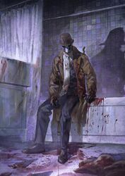  1boy ascot bath bathtub blood blood_on_clothes blood_on_ground coat curtains facing_down fedora gloves hat indoors inkblot male_focus mask rorschach scarf sitting taocan_shisi_hao trench_coat watchmen 